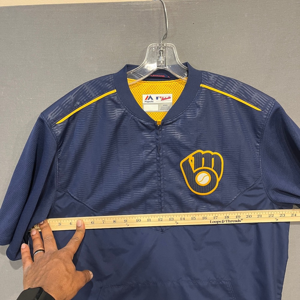 Milwaukee Brewers 1/4 Zip Windshirt Mens M Blue Majestic Short Sleeve Pullover - Picture 7 of 8